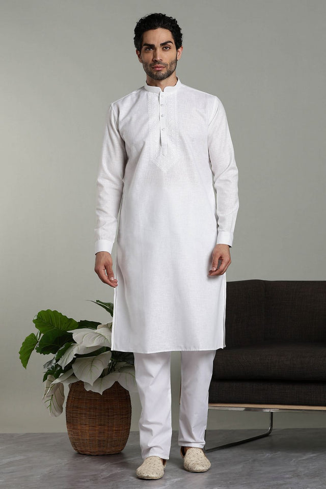 Mens White Solid Cotton Linen Kurta Set