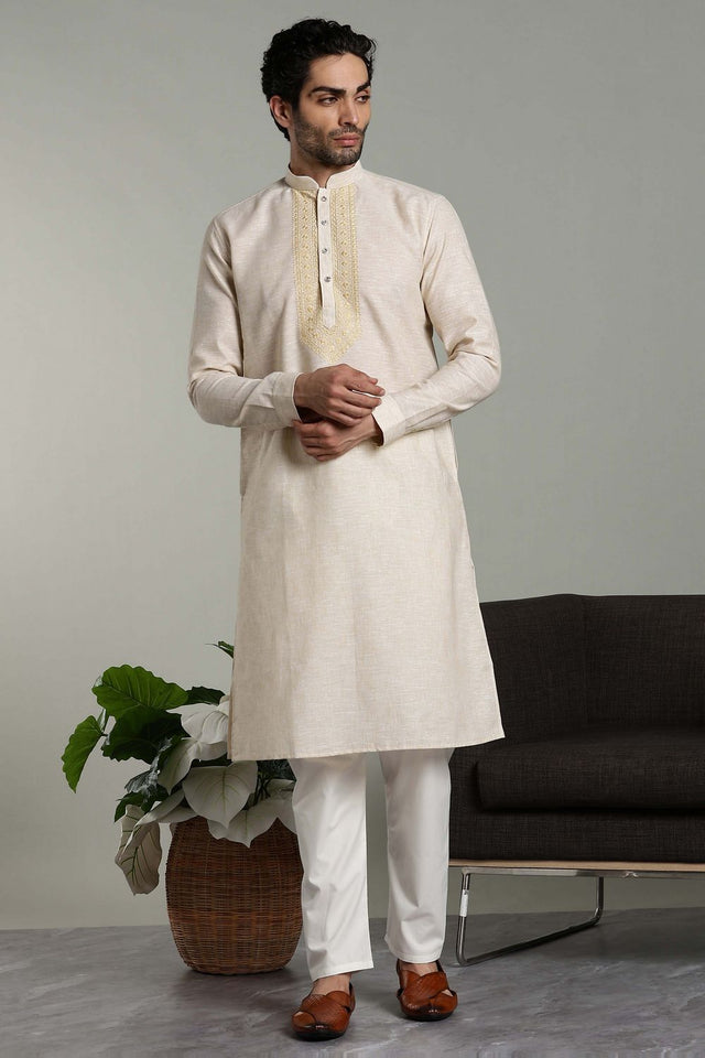 Mens Brown Solid Cotton Linen Kurta Set