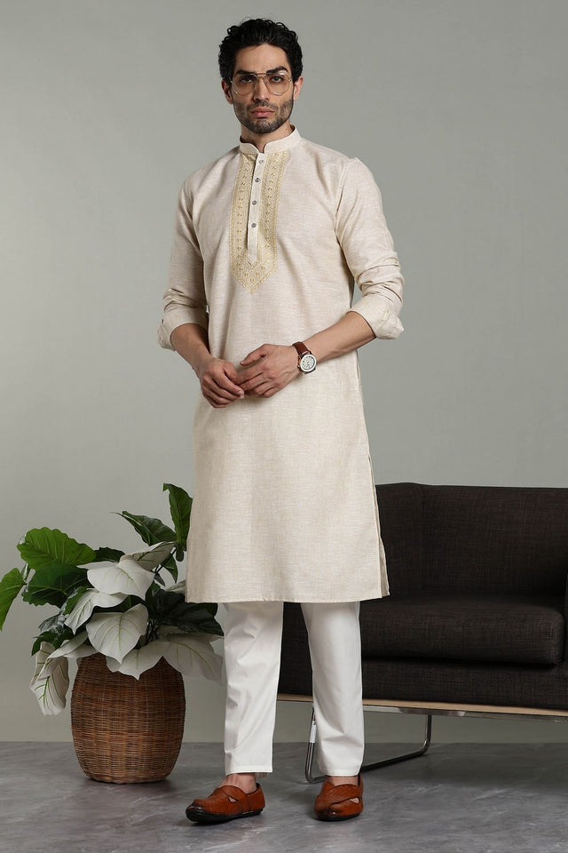 Mens Brown Solid Cotton Linen Kurta Set