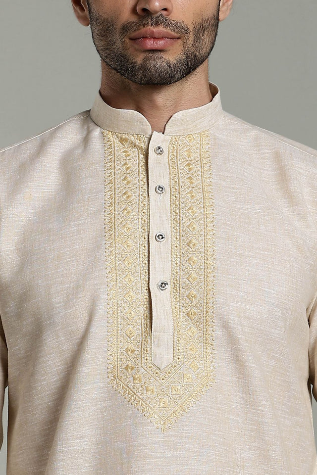 Mens Brown Solid Cotton Linen Kurta Set