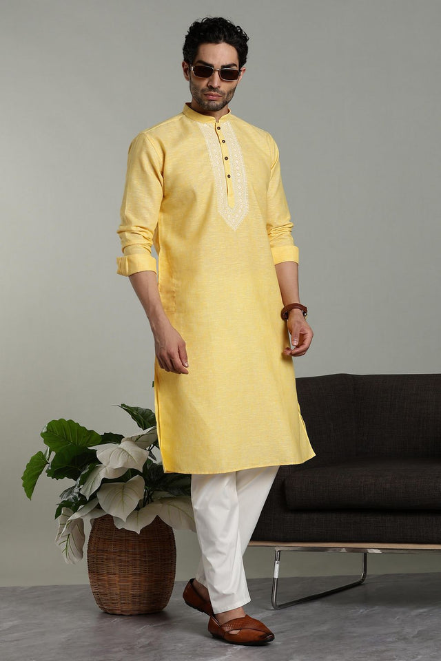 Mens Yellow Solid Cotton Linen Kurta Set