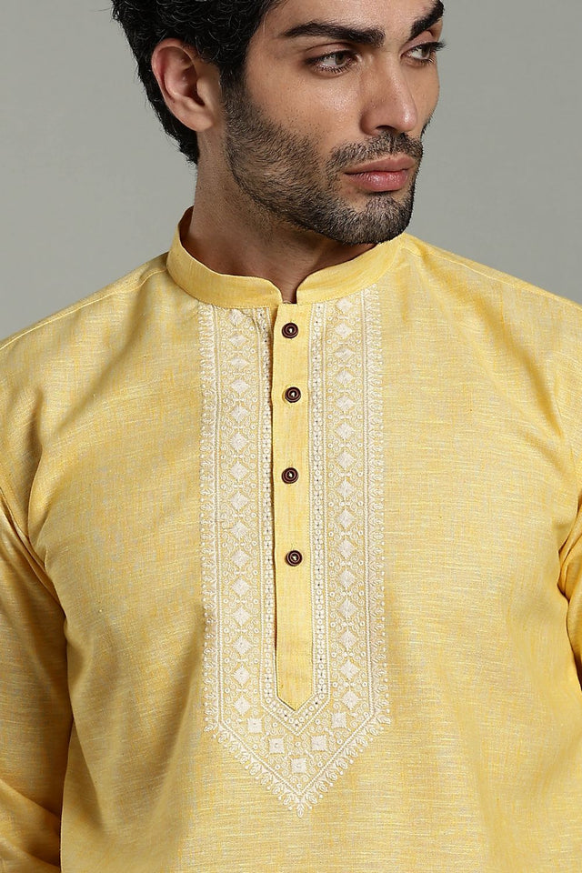 Mens Yellow Solid Cotton Linen Kurta Set