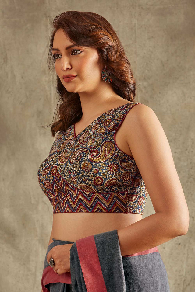 Beige Cotton Printed Sleeveless Blouse