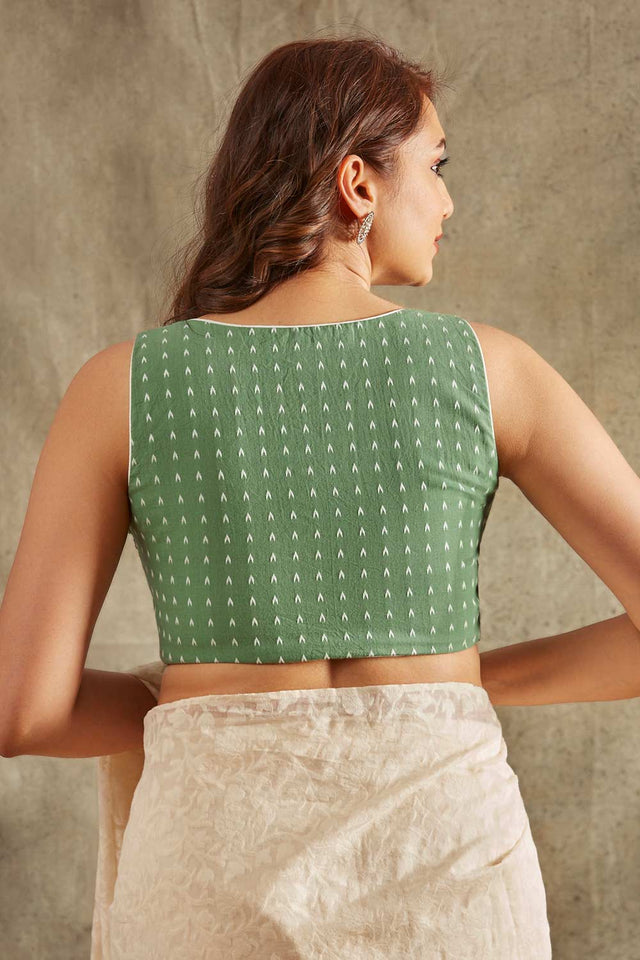 Green Cotton Printed Sleeveless Blouse