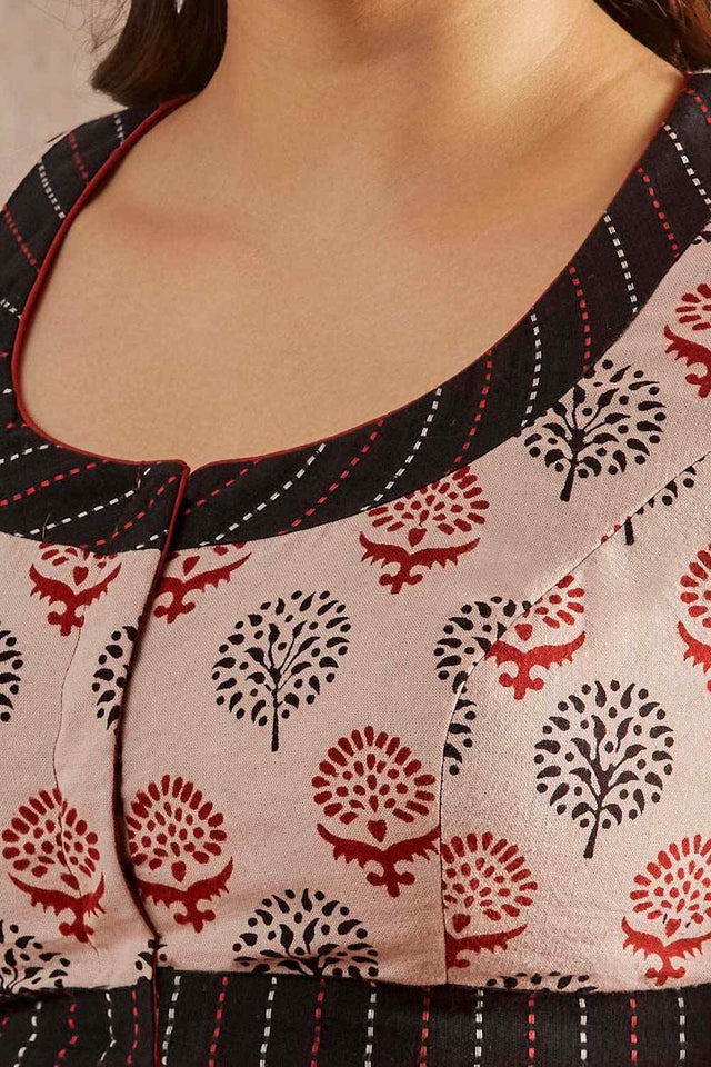 Beige Cotton Printed Short Sleeves Blouse
