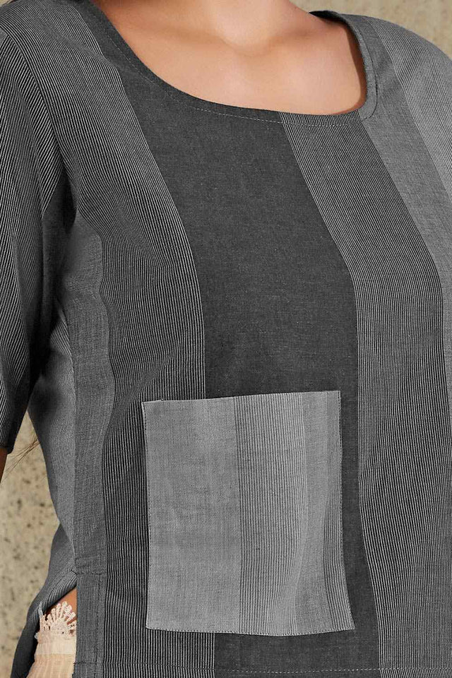 Grey Cotton Printed Elbow Sleeves Blouse