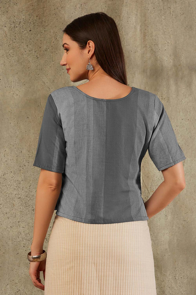 Grey Cotton Printed Elbow Sleeves Blouse