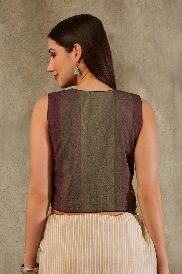 Maroon Cotton Woven Design Sleeveless Blouse