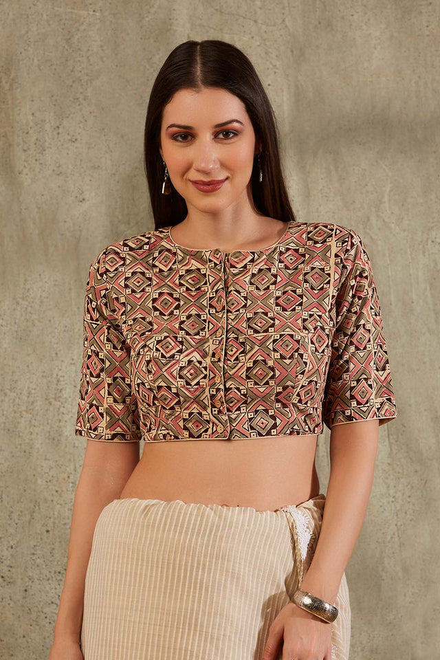 Beige Cotton Printed Elbow Sleeves Blouse