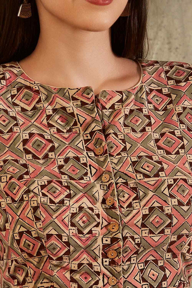 Beige Cotton Printed Elbow Sleeves Blouse