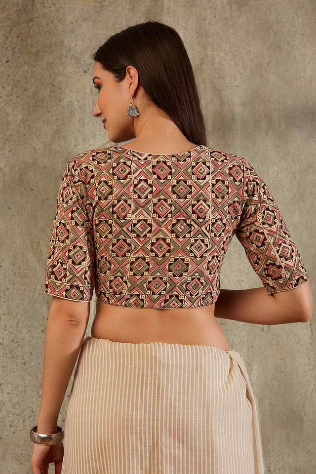 Beige Cotton Printed Elbow Sleeves Blouse