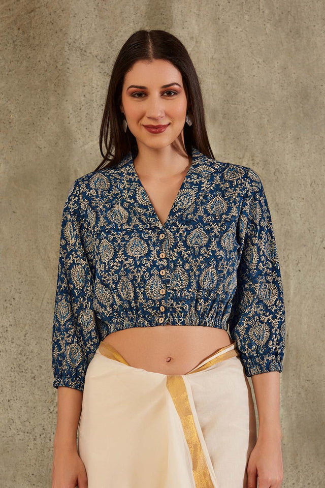 Navy Blue Cotton Printed Three Quarter Sleeves Blouse