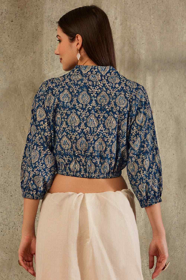 Navy Blue Cotton Printed Three Quarter Sleeves Blouse
