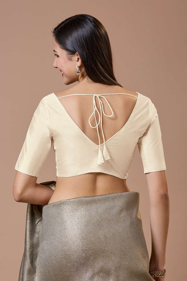 White Solid Silk V Neck Blouse