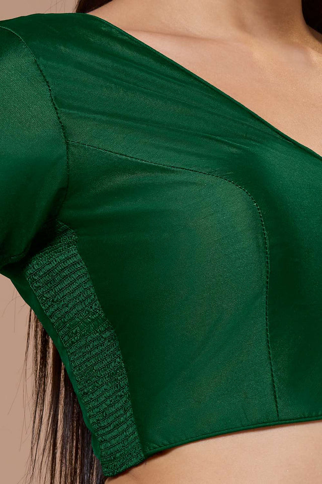 Green Solid Silk V Neck Blouse