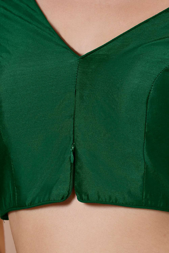 Green Solid Silk V Neck Blouse