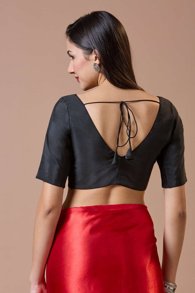 Black Solid Silk V Neck Blouse