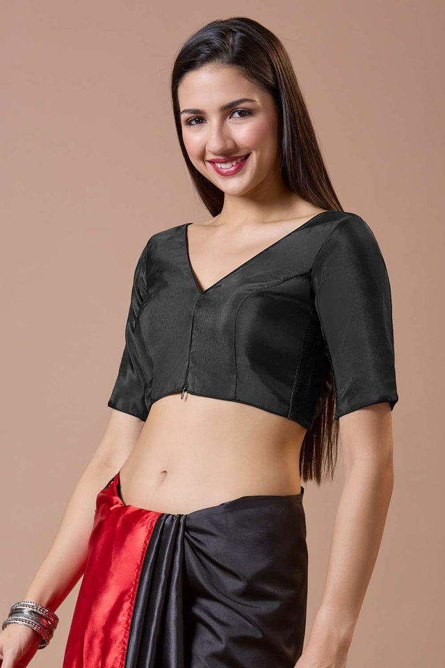 Black Solid Silk V Neck Blouse