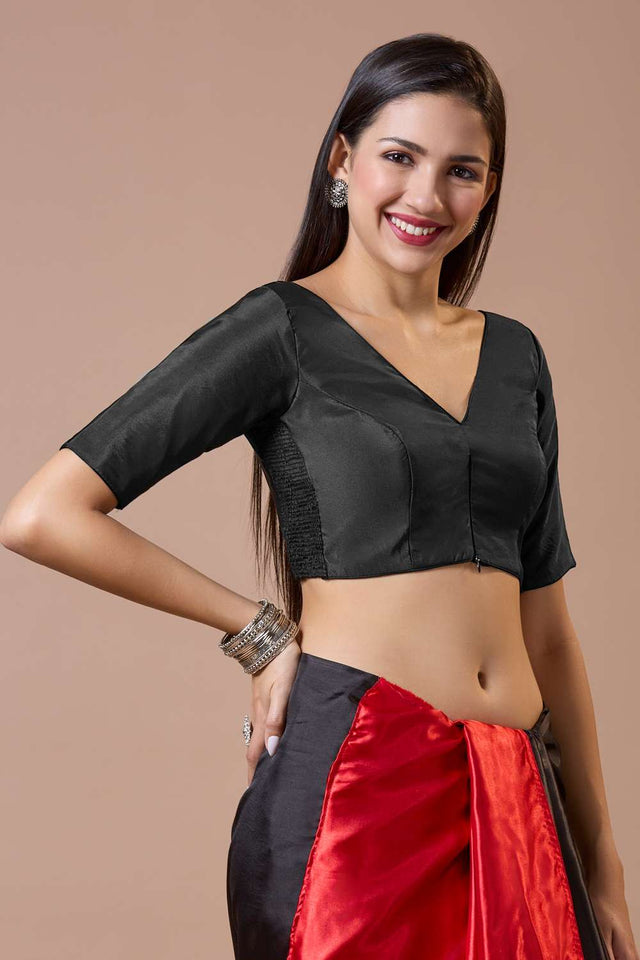 Black Solid Silk V Neck Blouse