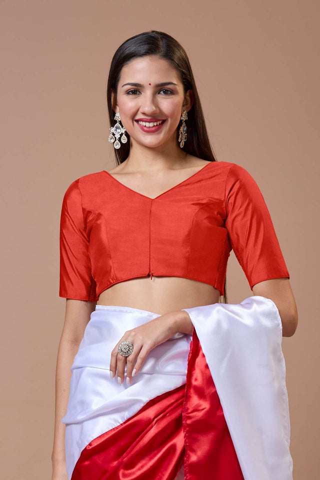 Red Solid Silk V Neck Blouse