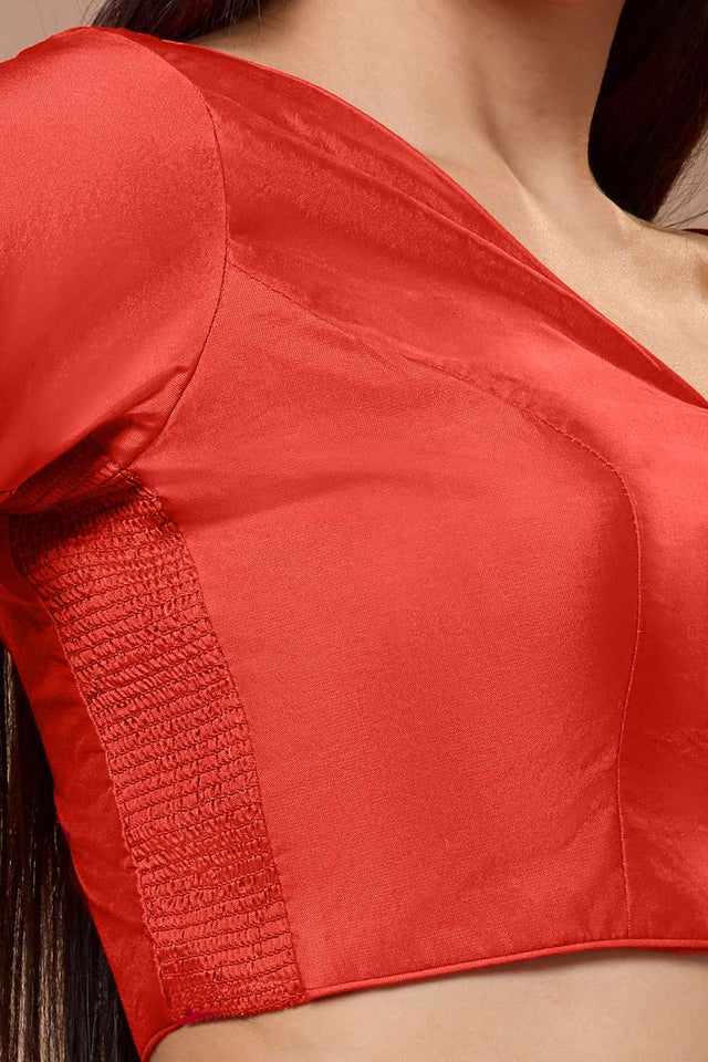 Red Solid Silk V Neck Blouse