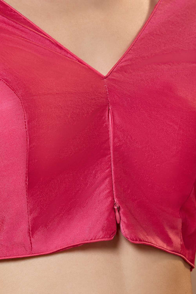 Pink Solid Silk V Neck Blouse