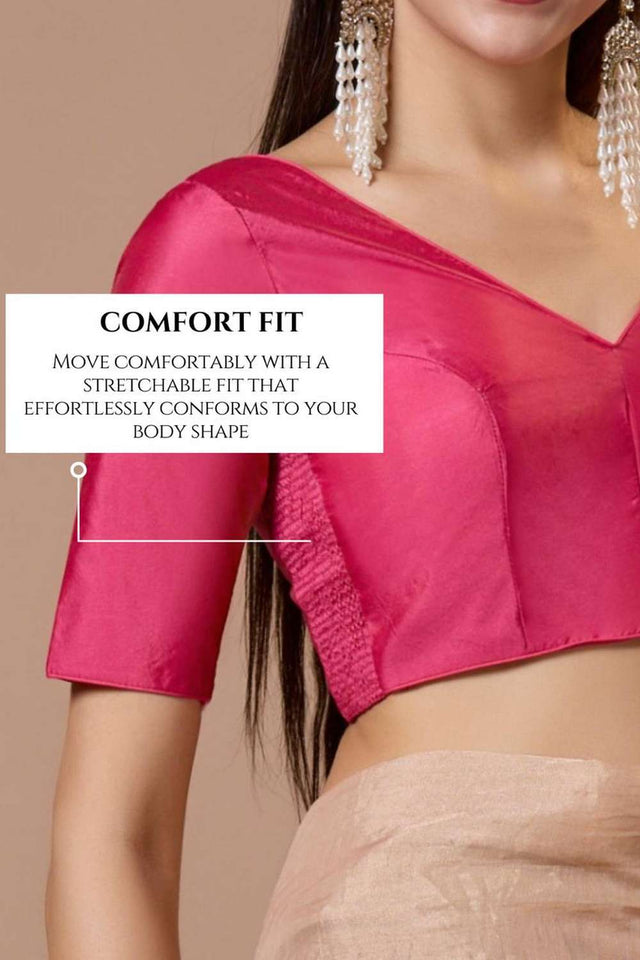 Pink Solid Silk V Neck Blouse