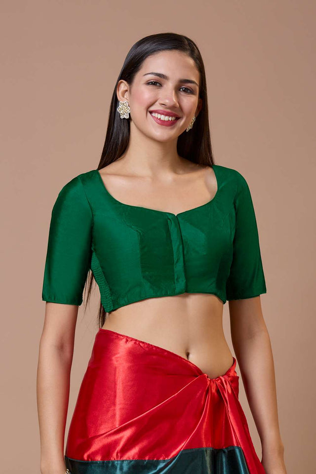 Green Solid Silk Sweetheart Neck Blouse