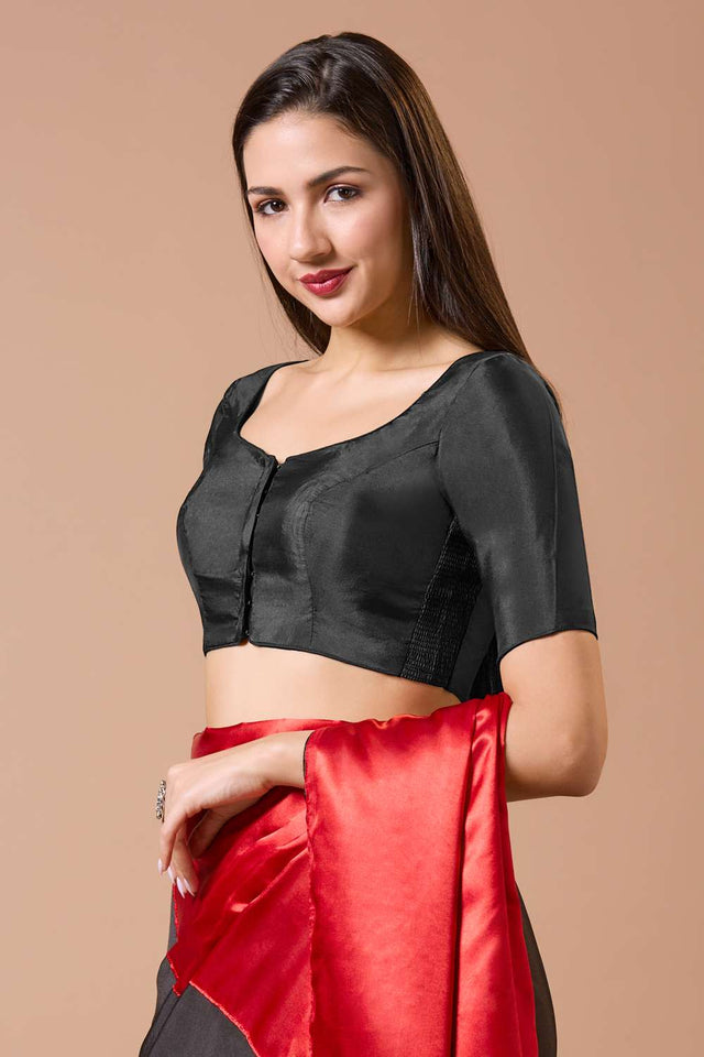 Black Solid Silk Sweetheart Neck Blouse