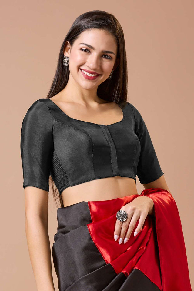 Black Solid Silk Sweetheart Neck Blouse