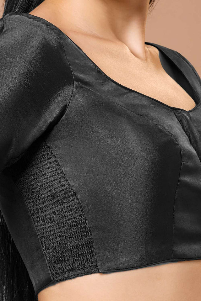 Black Solid Silk Sweetheart Neck Blouse