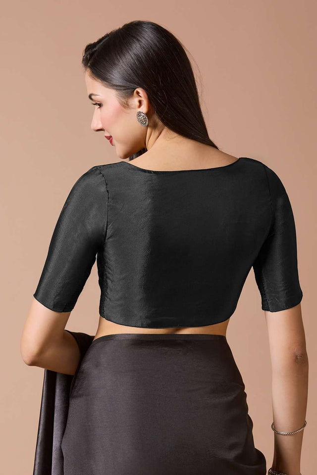 Black Solid Silk Sweetheart Neck Blouse