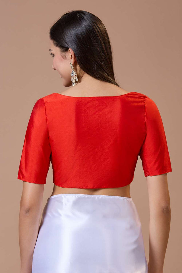 Red Solid Silk Sweetheart Neck Blouse
