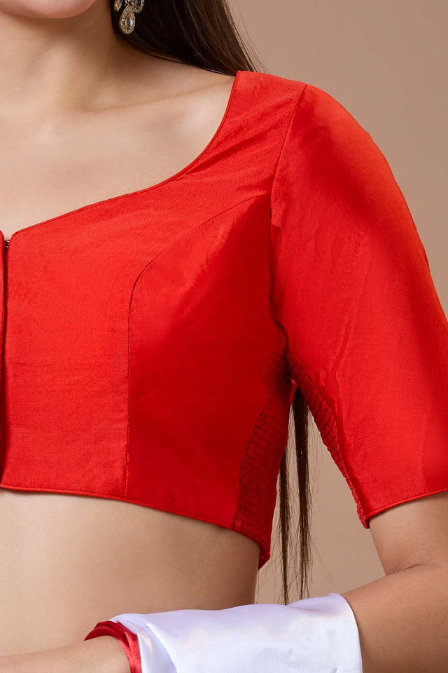 Red Solid Silk Sweetheart Neck Blouse