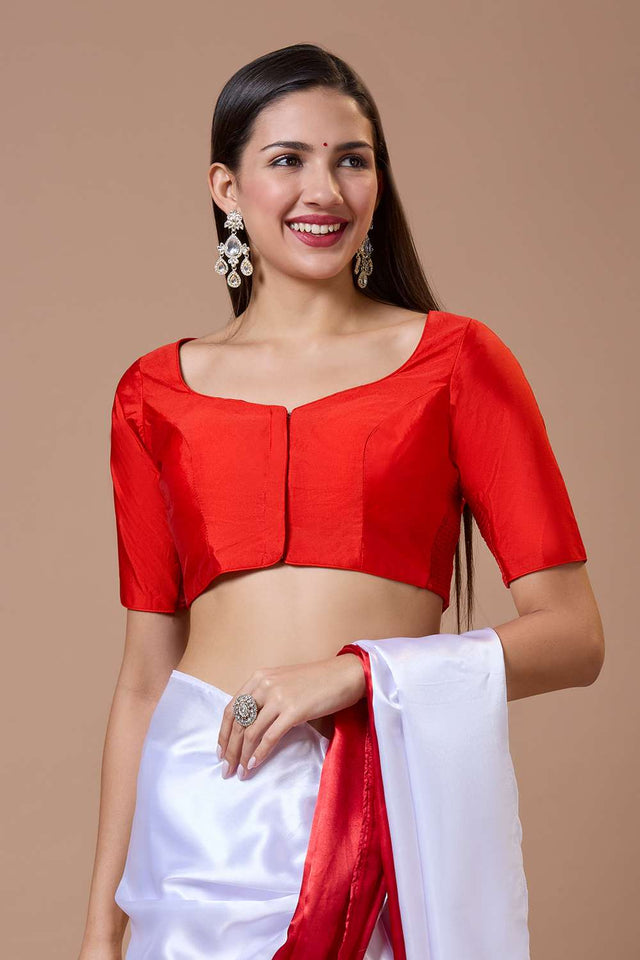 Red Solid Silk Sweetheart Neck Blouse