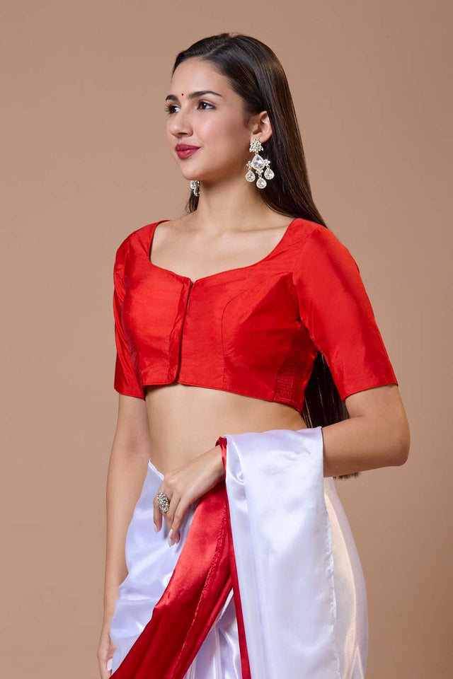 Red Solid Silk Sweetheart Neck Blouse
