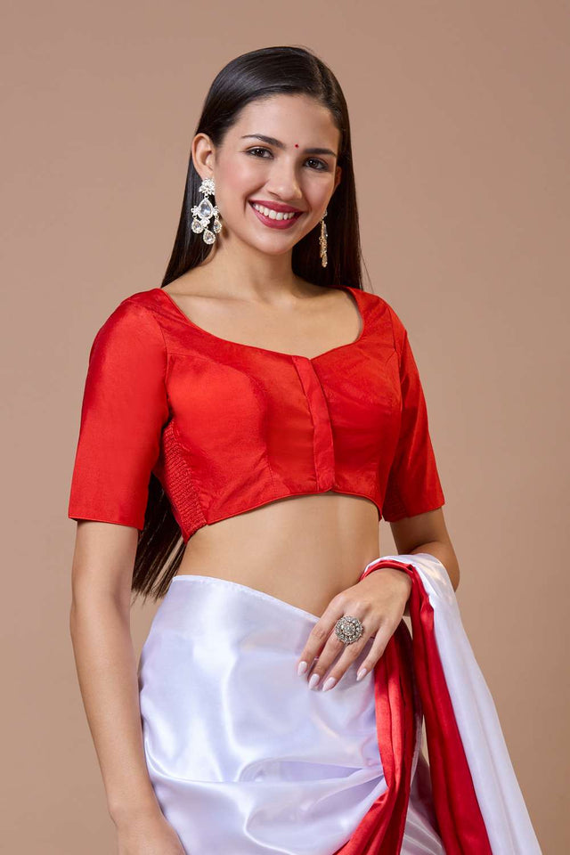 Red Solid Silk Sweetheart Neck Blouse