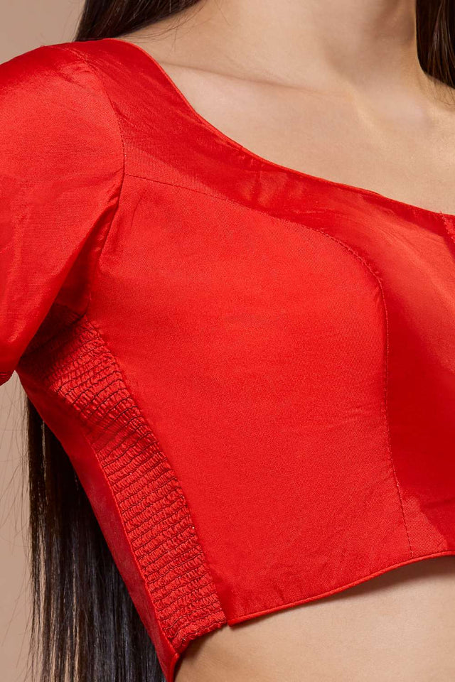 Red Solid Silk Sweetheart Neck Blouse