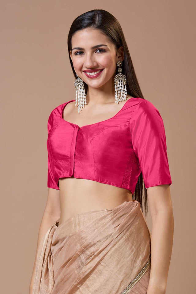 Pink Solid Silk Sweetheart Neck Blouse