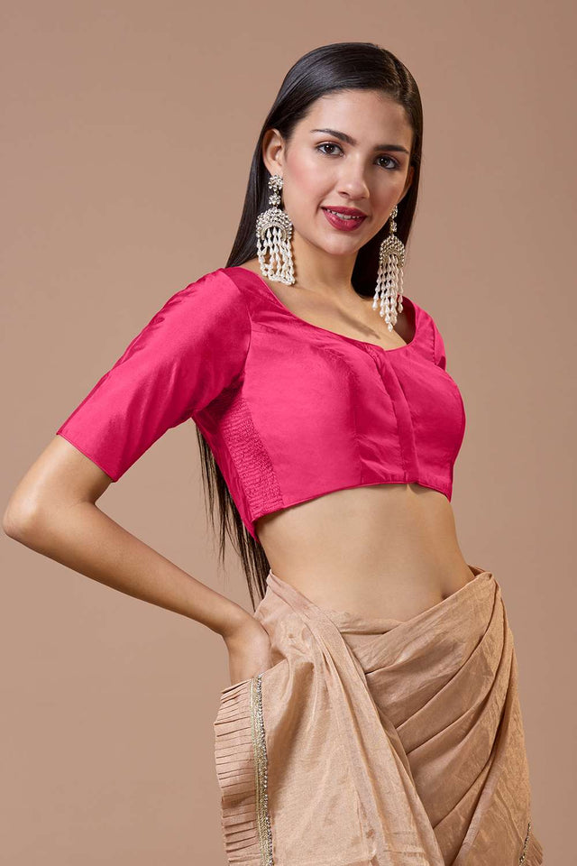 Pink Solid Silk Sweetheart Neck Blouse