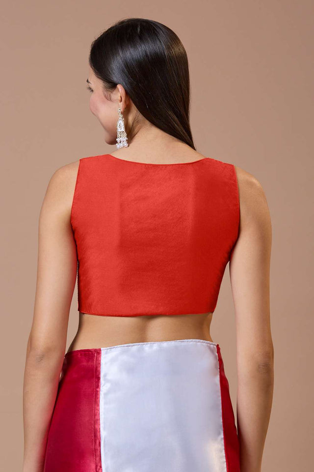 Red Solid Silk Sweetheart Neck Blouse