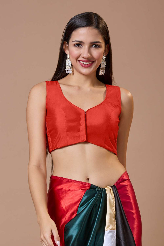 Red Solid Silk Sweetheart Neck Blouse