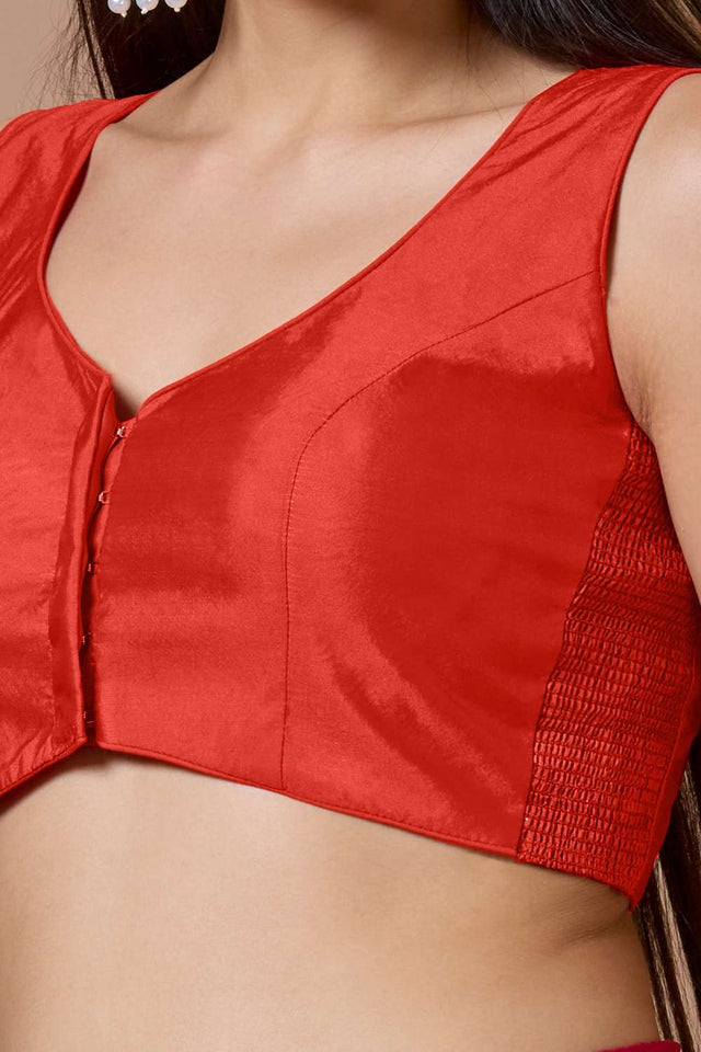 Red Solid Silk Sweetheart Neck Blouse