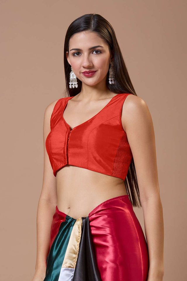 Red Solid Silk Sweetheart Neck Blouse
