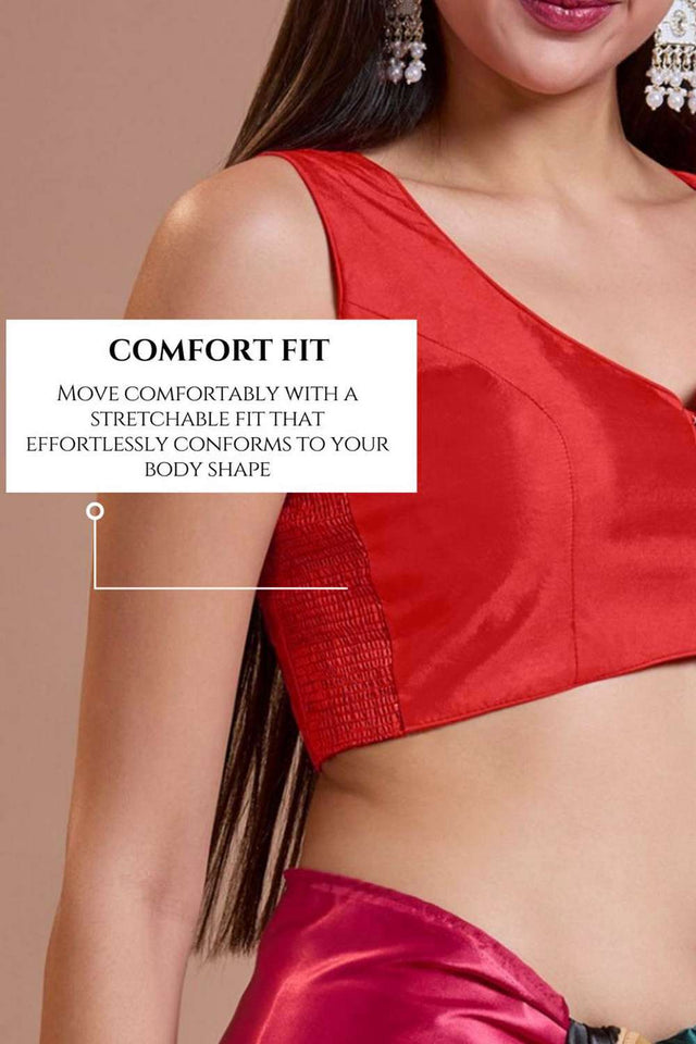 Red Solid Silk Sweetheart Neck Blouse
