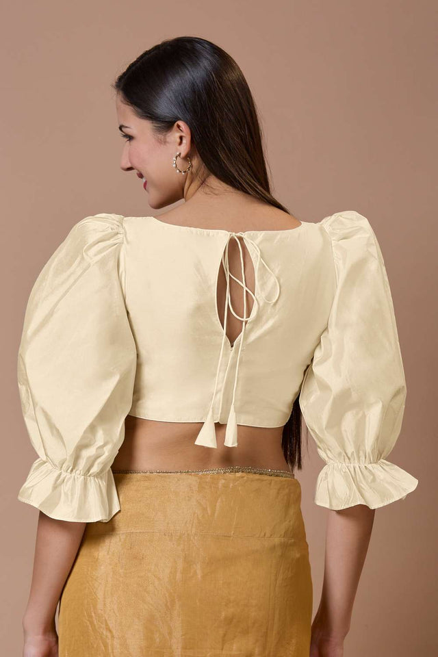 White Solid Silk Boat Neck Blouse