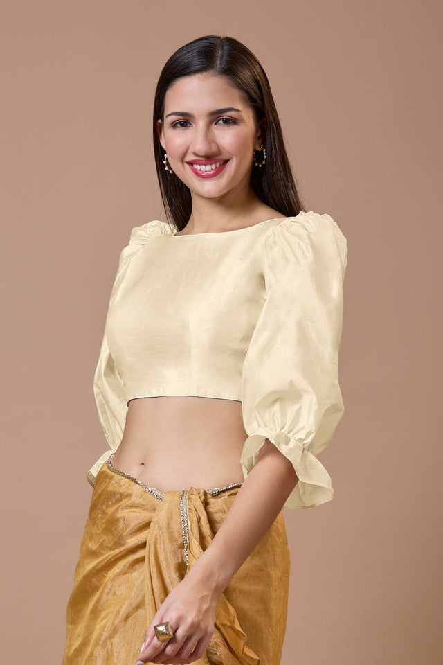 White Solid Silk Boat Neck Blouse