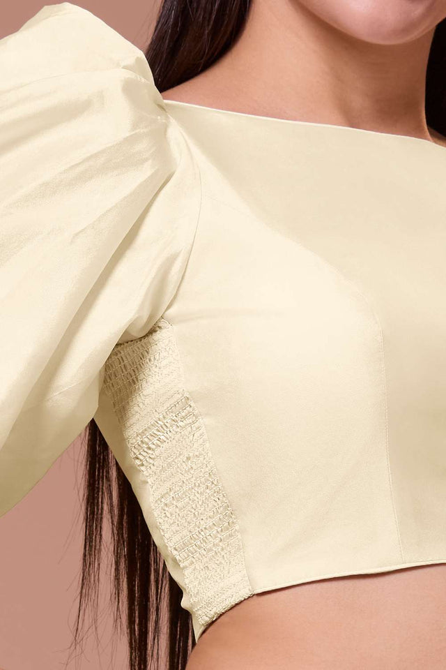 White Solid Silk Boat Neck Blouse