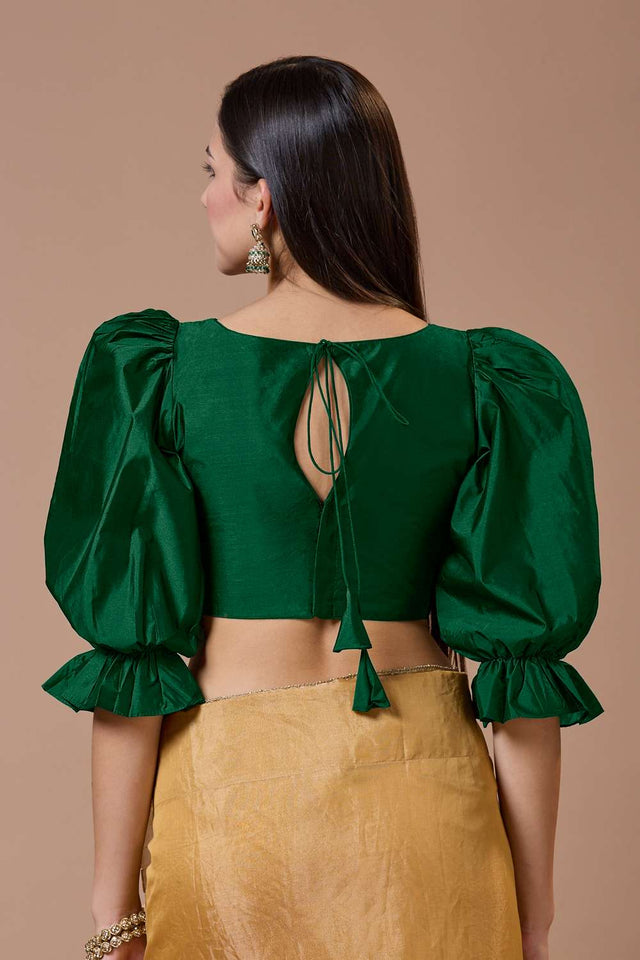 Green Solid Silk Boat Neck Blouse