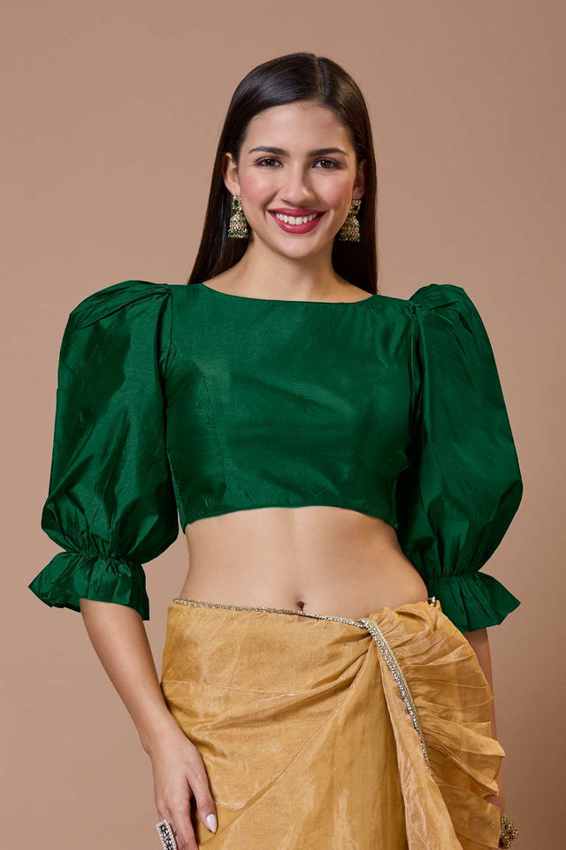 Green Solid Silk Boat Neck Blouse